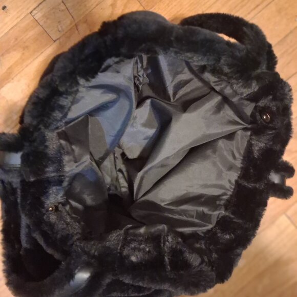 Victoria’s Secret Black Faux Furry Fur Purse Bag Gold VS Tote - Picture 3 of 3